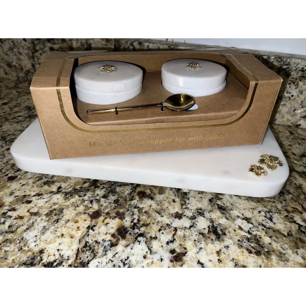 White Marble Salt And Pepper Cellar Set With Marble Base And Gold Spoon And Acce